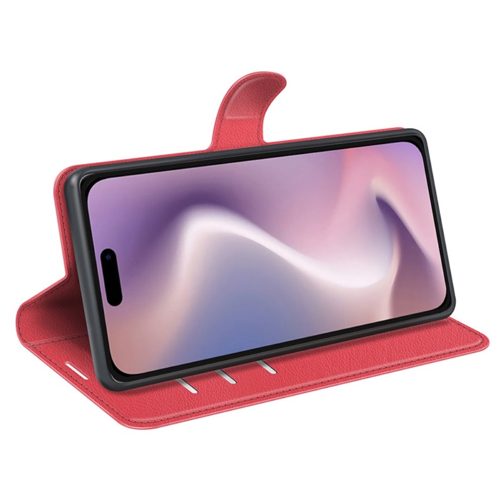 Litchi knížkové pouzdro na iPhone 16 - červené