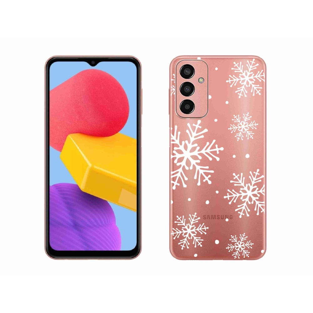 Gelový kryt mmCase na Samsung Galaxy M13 - bílé vločky na průhledném pozadí