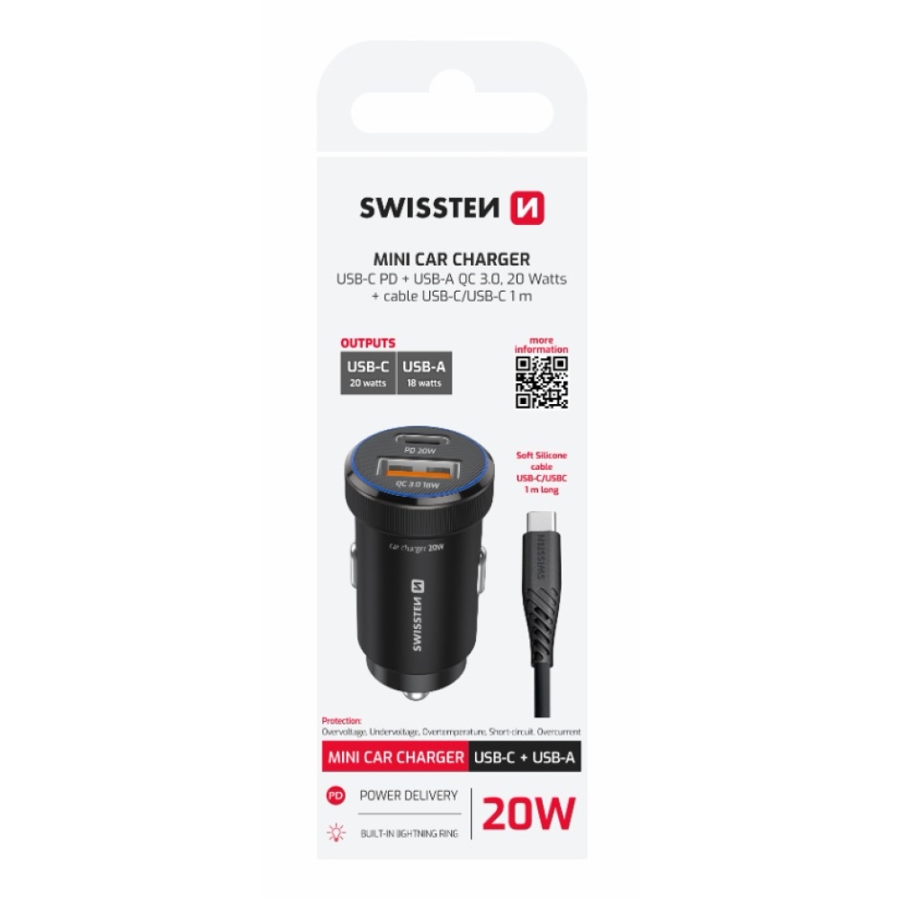 Swissten CL adaptér USB-C PD + USB-A, 20W - černý + kabel USB-C / USB-C, 1m