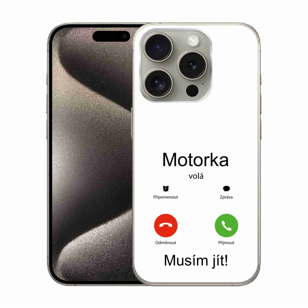 Gelový kryt mmCase na iPhone 15 Pro - motorka volá bílé pozadí