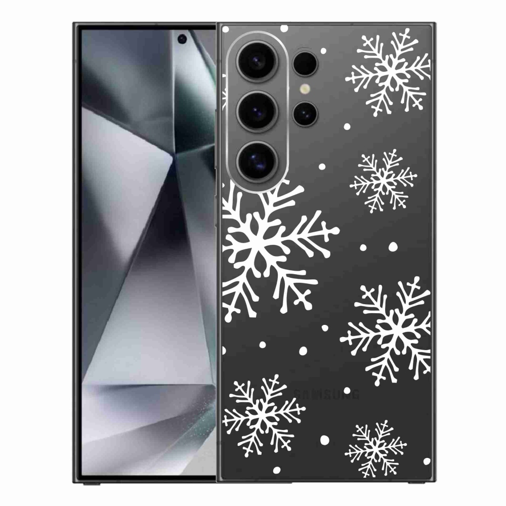 Gelový kryt mmCase na Samsung Galaxy S24 Ultra - bílé vločky na průhledném pozadí