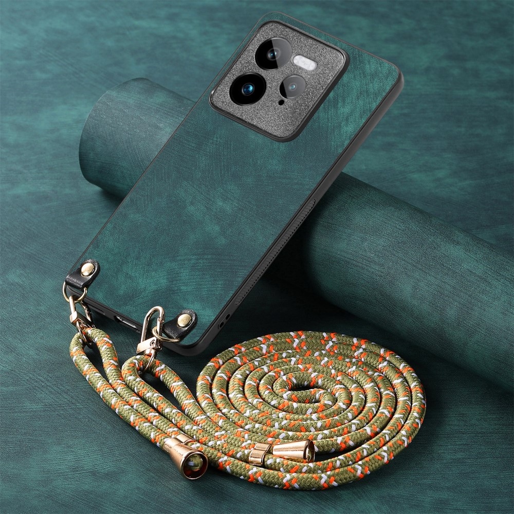 Retro gelový obal se šňůrkou a s umělou kůží na Realme GT 7 Pro 5G - zelený