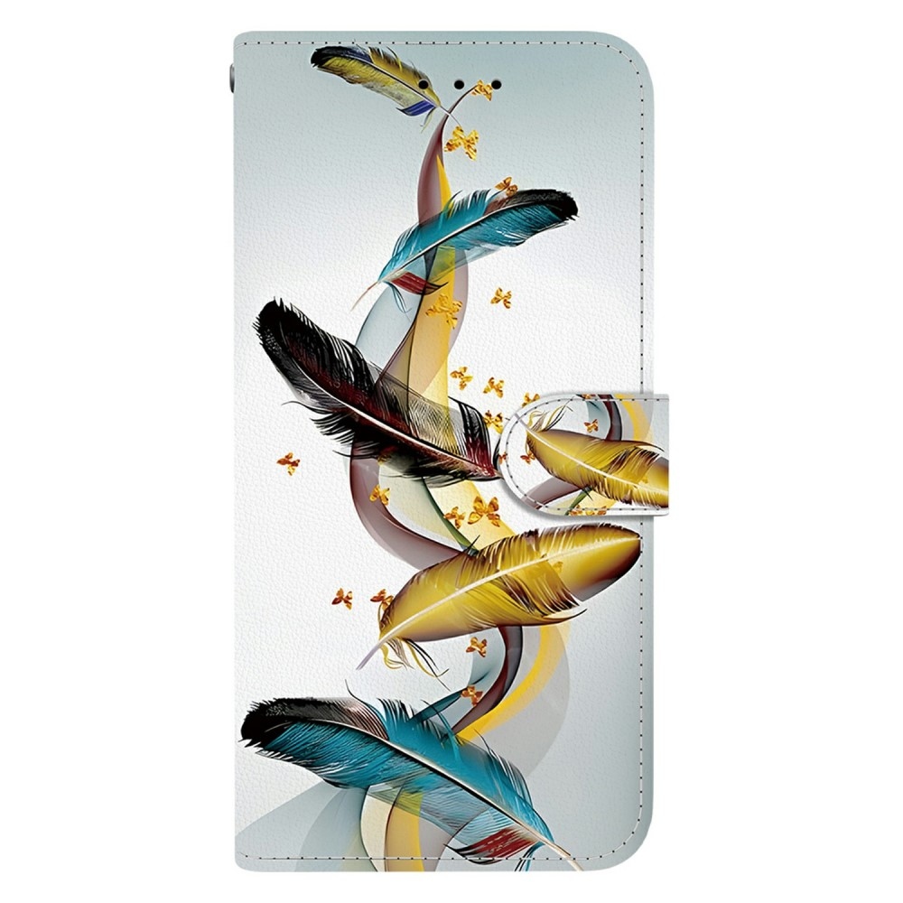 Versatile knížkové pouzdro na Samsung Galaxy A06 4G - zlatá a modrá pírka