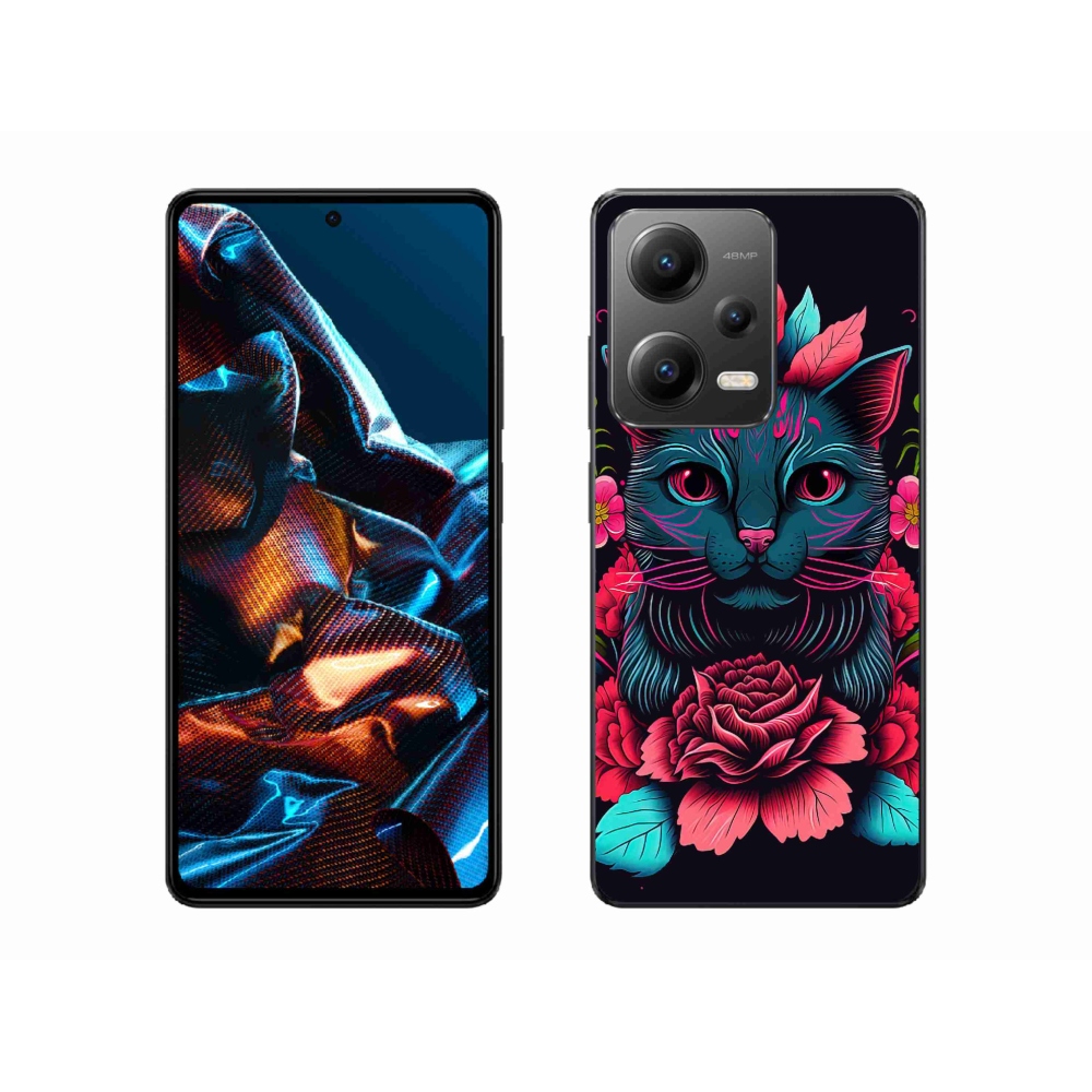 Gelový kryt mmCase na Xiaomi Redmi Note 12 Pro 5G - květiny a kočka