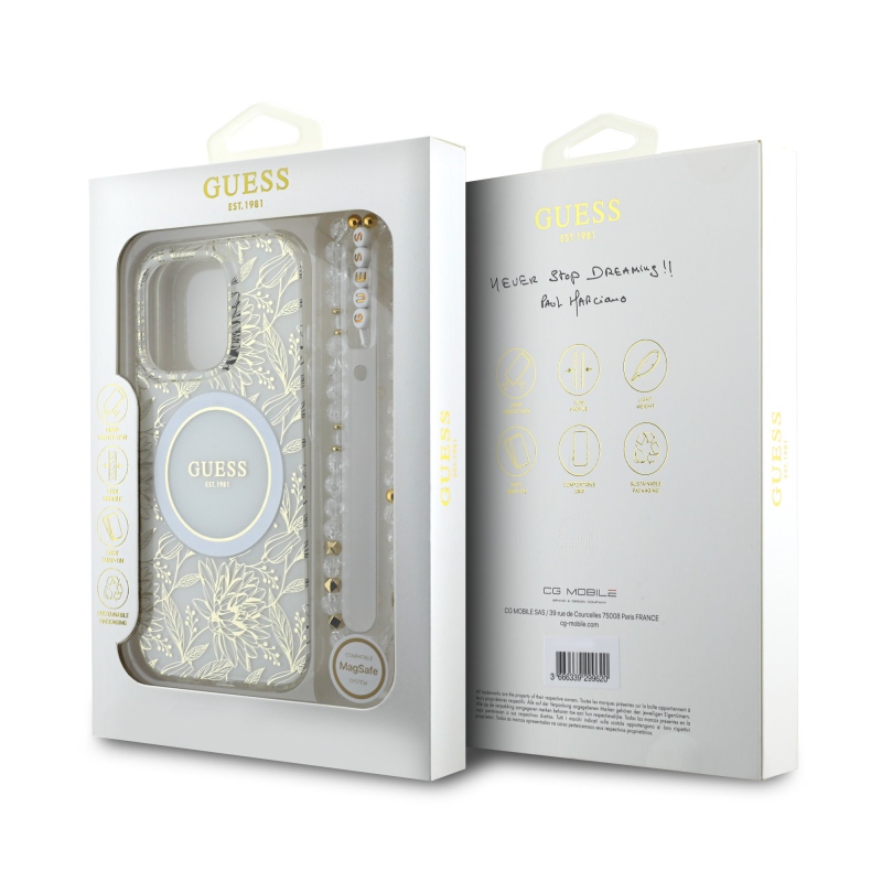 Guess IML Flowers Allover Strap MagSafe Zadní Kryt pro iPhone 16 Pro Max White