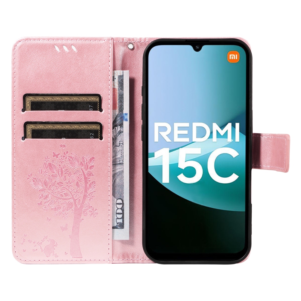 Trees knížkové pouzdro na Xiaomi Redmi 15C 4G/5G (173mm) - růžovozlaté