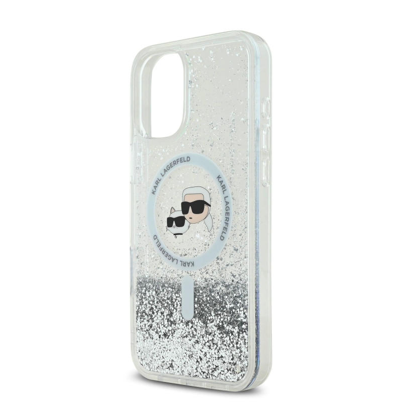 Karl Lagerfeld Liquid Glitter Karl and Choupette Heads MagSafe Zadní Kryt pro iPhone 16 Transparent