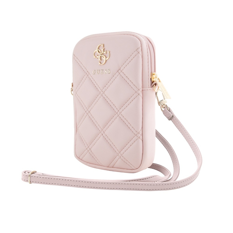 Guess PU Quilted 4G Metal Logo Taška na Telefon se Zipem Pink