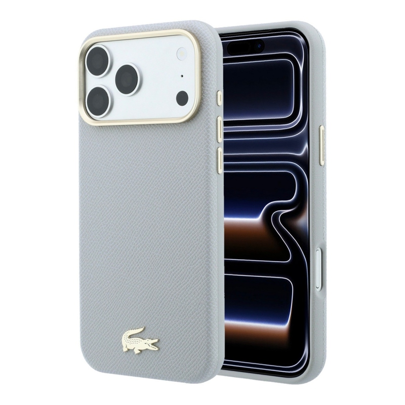 Lacoste PU Leather Champs Elysees Gold Logo MagSafe Zadní Kryt pro iPhone 18 Pro Light Grey