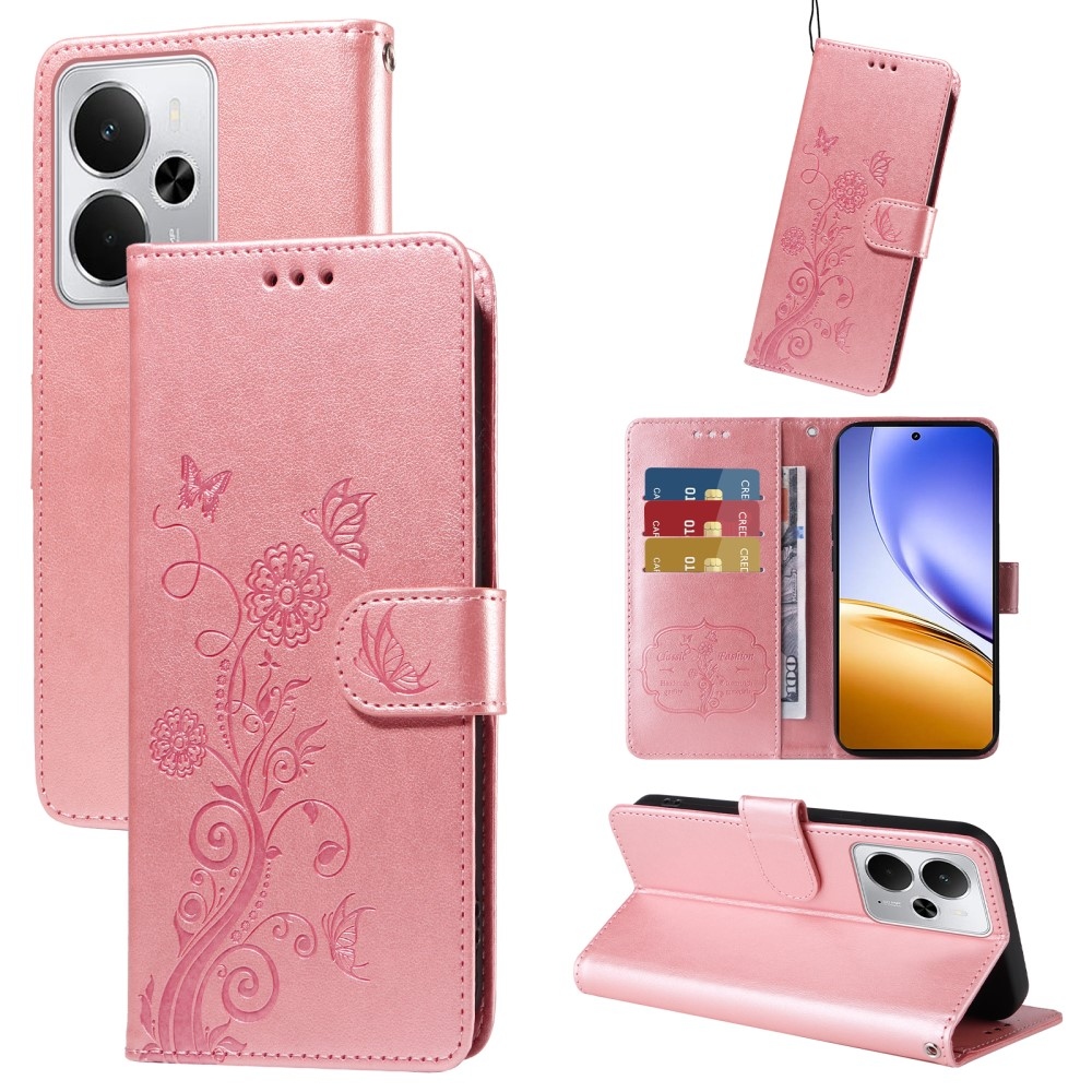 Flowery knížkové pouzdro na Realme 14 5G - růžové