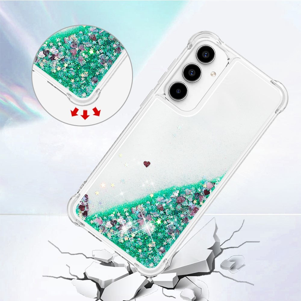 Glitter přesýpací gelový obal na Samsung Galaxy A56 5G - zelený/srdíčka