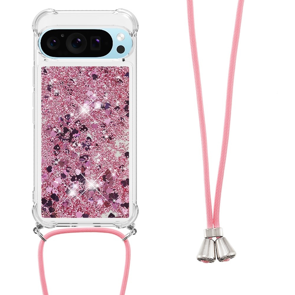 Glitters přesýpací gelový obal se šňůrkou na Google Pixel 10 Pro/Pixel 10 - růžovozlatý/srdíčka