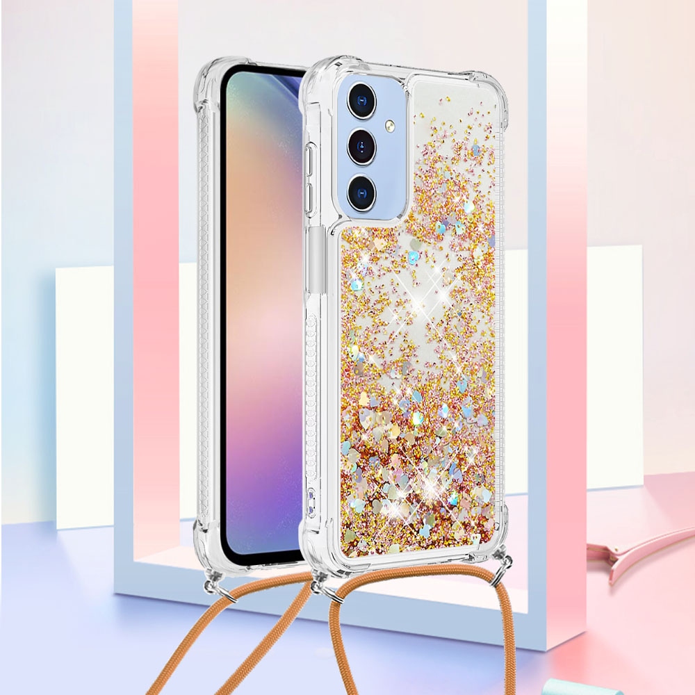 Glitters přesýpací gelový obal se šňůrkou na Samsung Galaxy A17 5G - zlatý/srdíčka