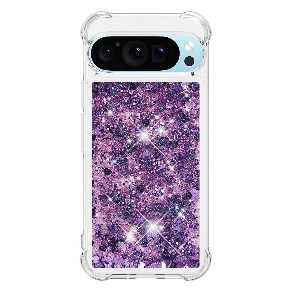 Glitter přesýpací gelový obal na Google Pixel 10 Pro/Pixel 10 - tmavěfialový/srdíčka