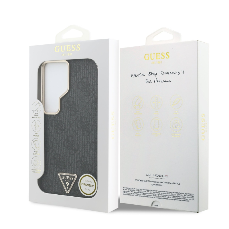 Guess PU Leather 4G Strass Triangle Logo Gold Frame Magnetic Zadní Kryt pro Samsung Galaxy S26 Ultra Black