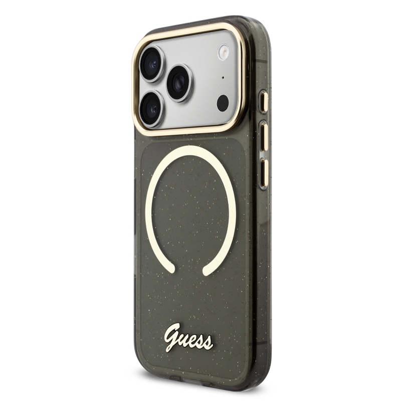 Guess IML Glitter Script Strap MagSafe Zadní Kryt pro iPhone 17 Pro Black