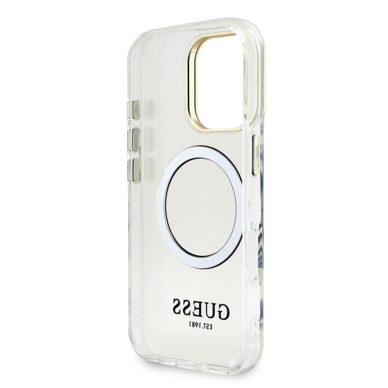 Guess IML Gold Outline Stand Camera Frame MagSafe Zadní Kryt pro iPhone 16 Pro Transparent
