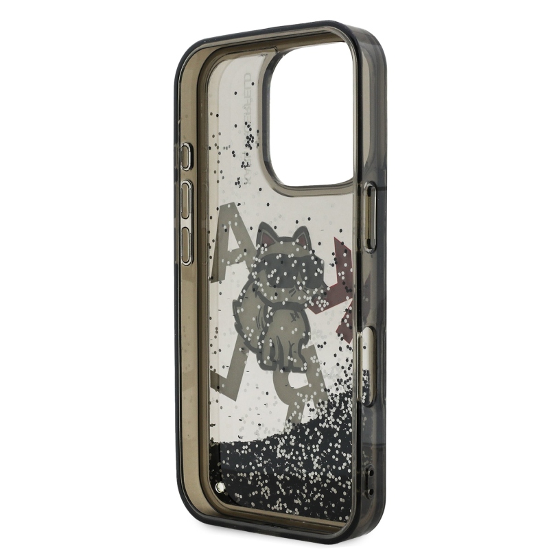 Karl Lagerfeld Liquid Glitter Scattered Choupette Zadní Kryt pro iPhone 16 Pro Black