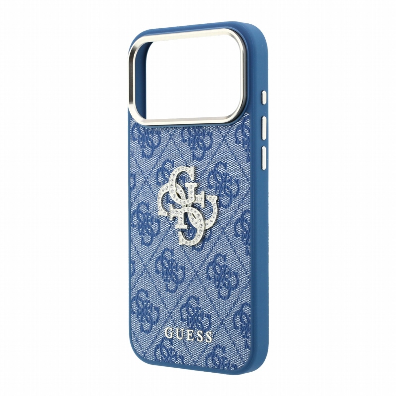 Guess PU 4G Strass Metal Logo Zadní Kryt pro iPhone 18 Pro Blue