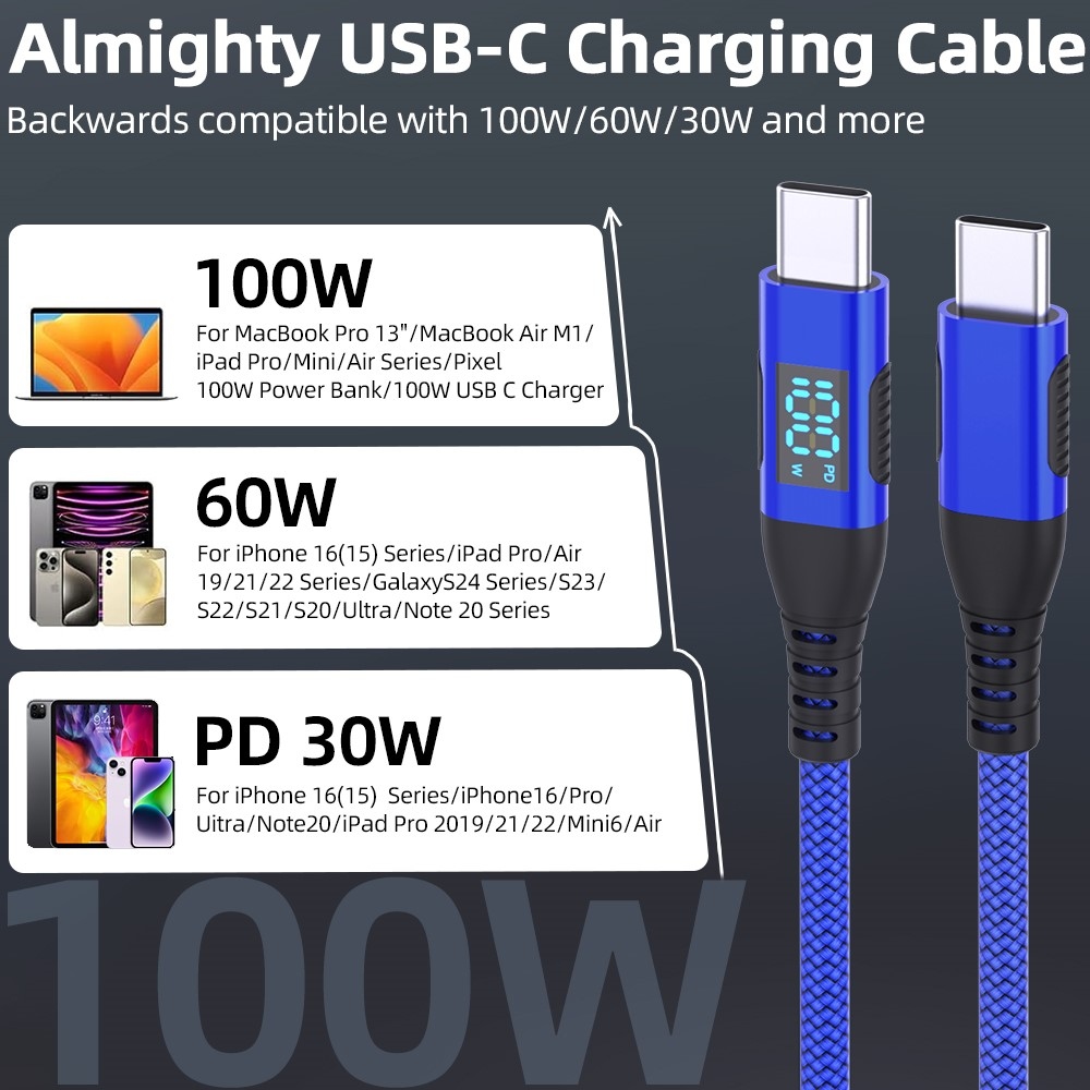 Nylonový kabel USB-C / USB-C s displejem 1m 100W - modrý