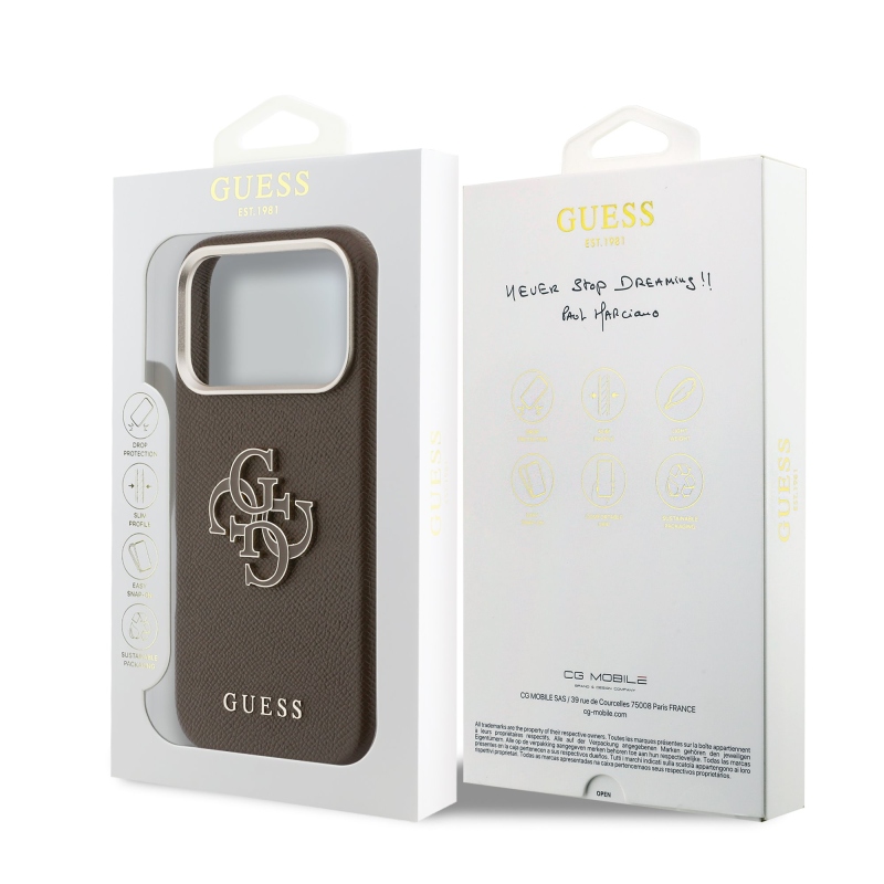 Guess PU Resin Logo Zadní Kryt pro iPhone 17 Pro Brown