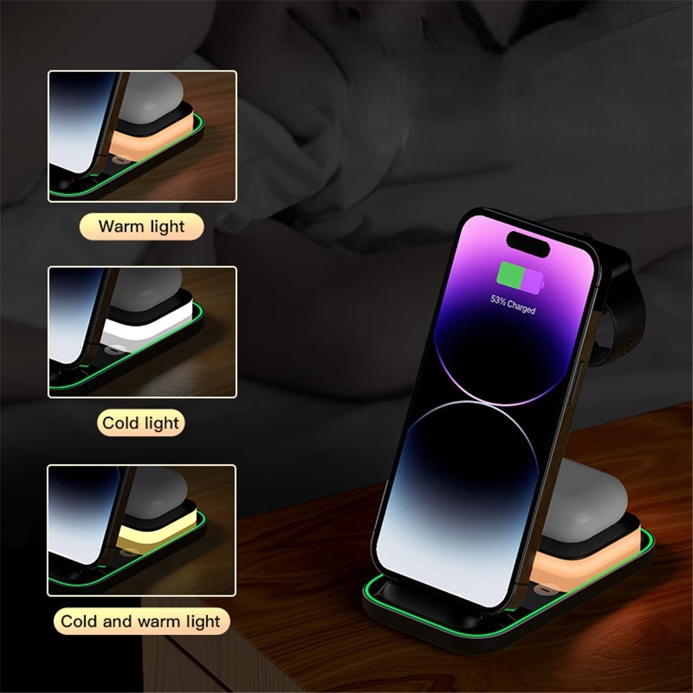 YF-A6 bezdrátová nabíjecí stanice 3v1 15W s nočním světlem - černá