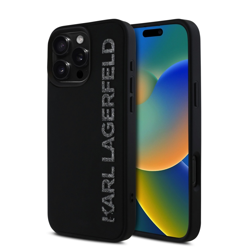 Karl Lagerfeld 3D Rubber Glitter Logo Zadní Kryt pro iPhone 16 Pro Black