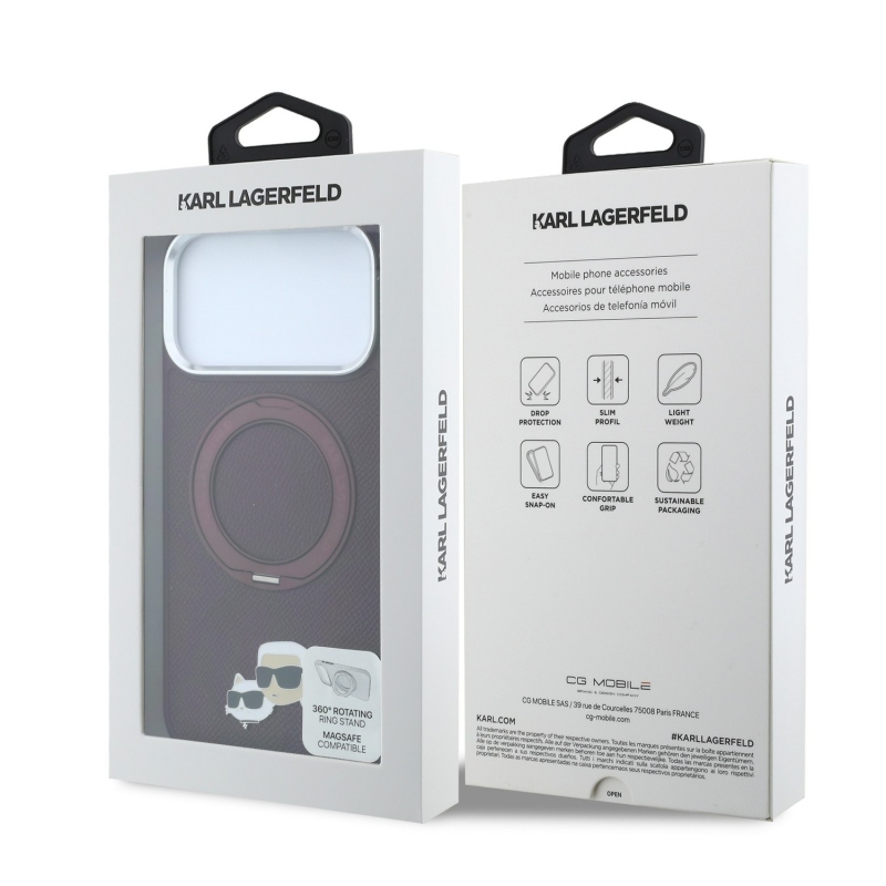 Karl Lagerfeld PU Grained K&CH Heads Ring Stand Magsafe Zadní Kryt pro iPhone 18 Pro Max Burgundy