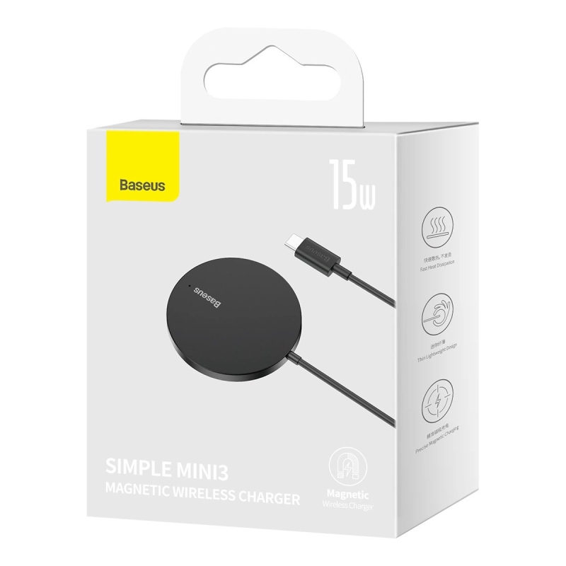 Baseus Simple Mini3 Magnetická Bezdrátová Nabíječka 15W Black