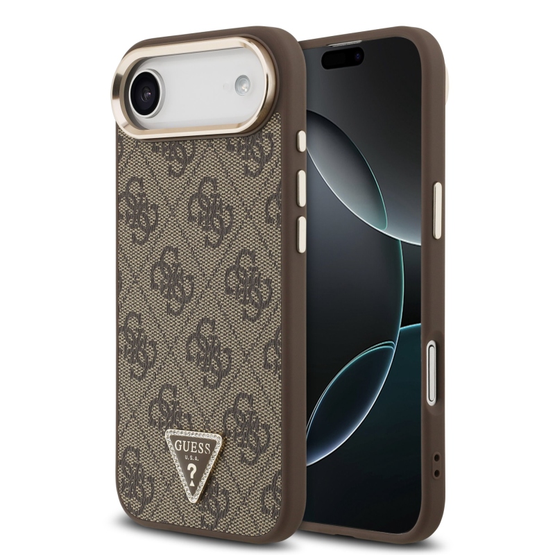 Guess PU Leather 4G Strass Triangle Logo Gold Frame MagSafe Zadní Kryt pro iPhone Air Brown