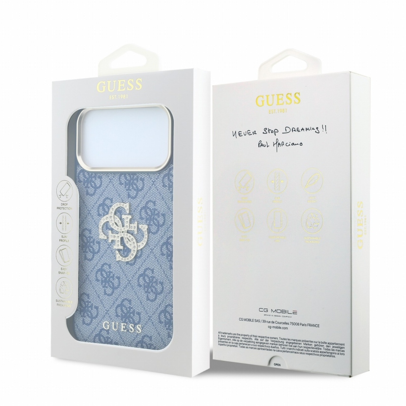 Guess PU 4G Strass Metal Logo Zadní Kryt pro iPhone 18 Pro Blue