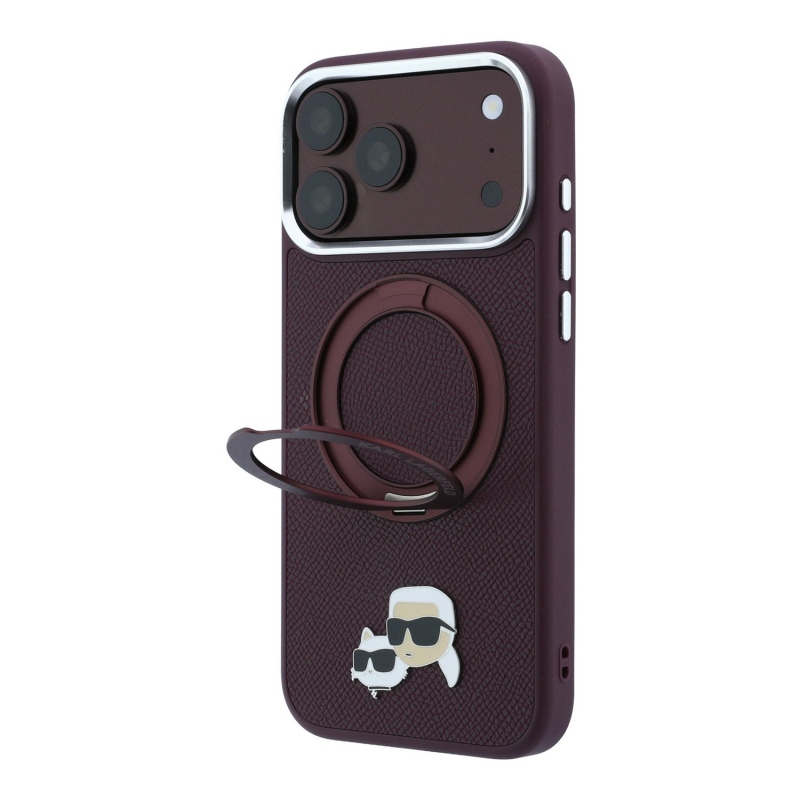 Karl Lagerfeld PU Grained K&CH Heads Ring Stand Magsafe Zadní Kryt pro iPhone 18 Pro Burgundy