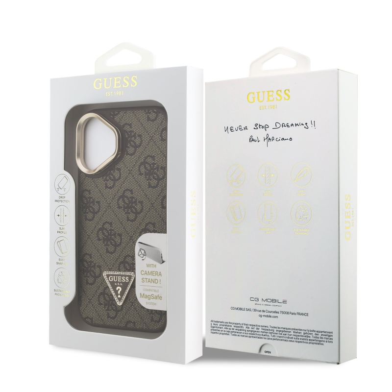 Guess PU 4G Strass Triangle Logo Stand Camera Frame MagSafe Zadní Kryt pro iPhone 16 Brown