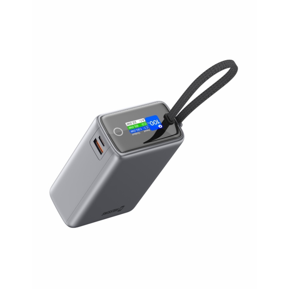 Swissten cestovní powerbanka 25000 mAh (96.25Wh) 100 W s integrovaným kabelem USB-C - šedá