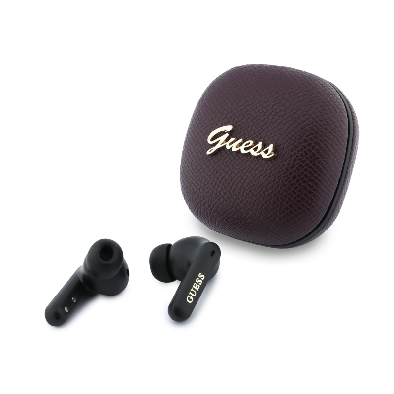 Guess PU Grained Script Metal Logo ENC TWS Bezdrátová Sluchátka Burgundy