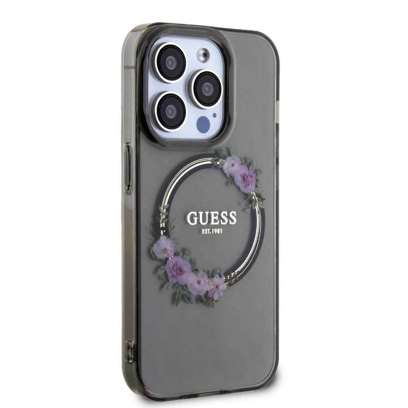 Guess PC/TPU Flowers Ring Glossy Logo MagSafe Zadní Kryt pro iPhone 13 Pro Black 