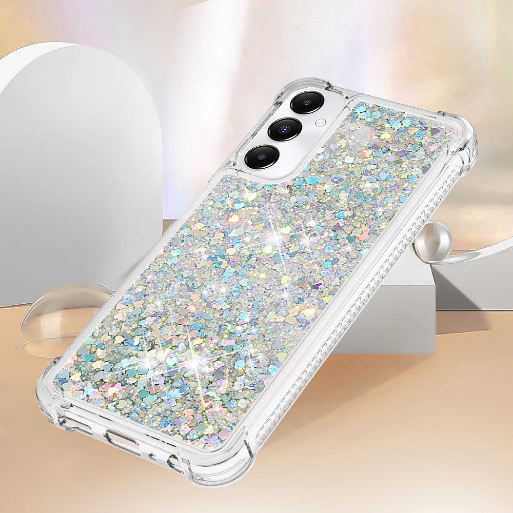 Glitter gelový přesýpací obal na Samsung Galaxy A05s - stříbrný/srdíčka