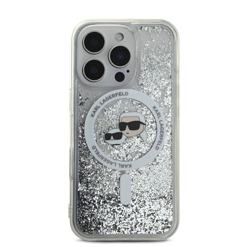 Karl Lagerfeld Liquid Glitter Karl and Choupette Heads MagSafe Zadní Kryt pro iPhone 16 Pro Max Transparent
