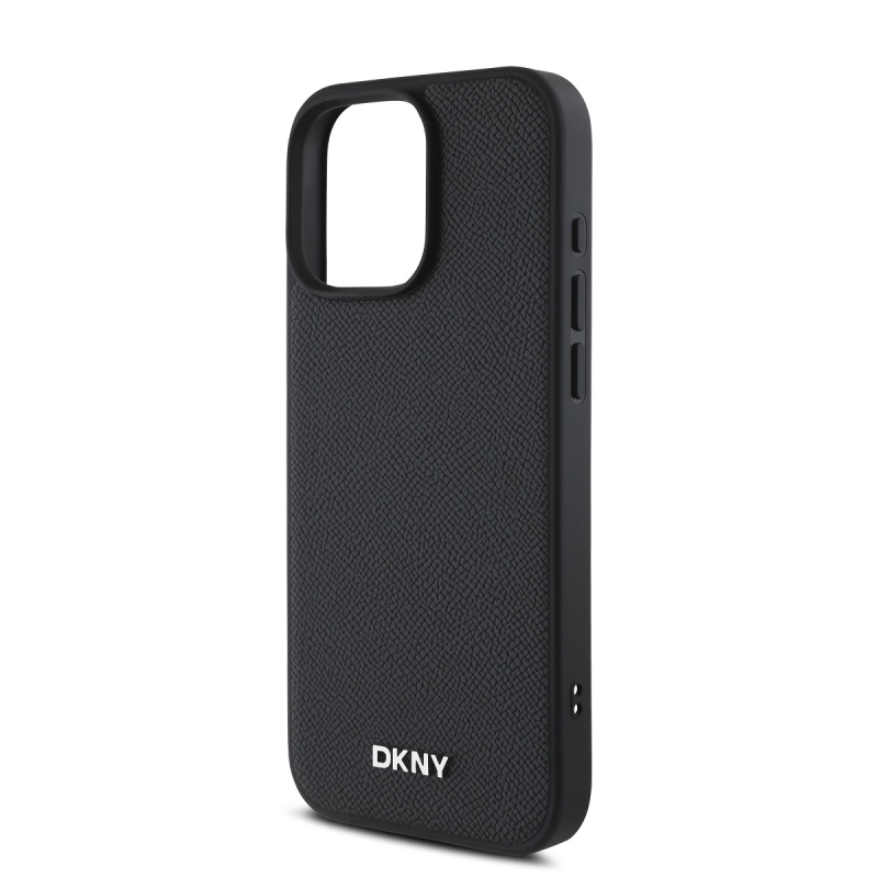 DKNY PU Leather Silver Metal Logo Magsafe Zadní Kryt pro iPhone 16 Pro Black
