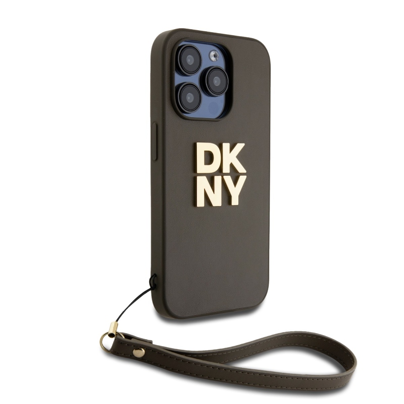 DKNY PU Leather Stack Logo Wrist Strap Zadní Kryt pro iPhone 14 Pro Brown