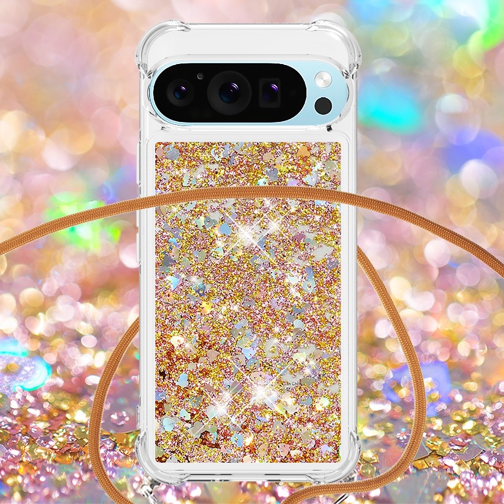 Glitters přesýpací gelový obal se šňůrkou na Google Pixel 10 Pro/Pixel 10 - zlatý/srdíčka