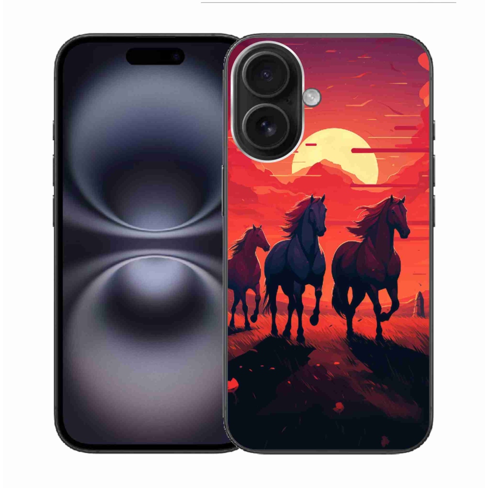 Gelový kryt mmCase na iPhone 16 - koně a západ slunce
