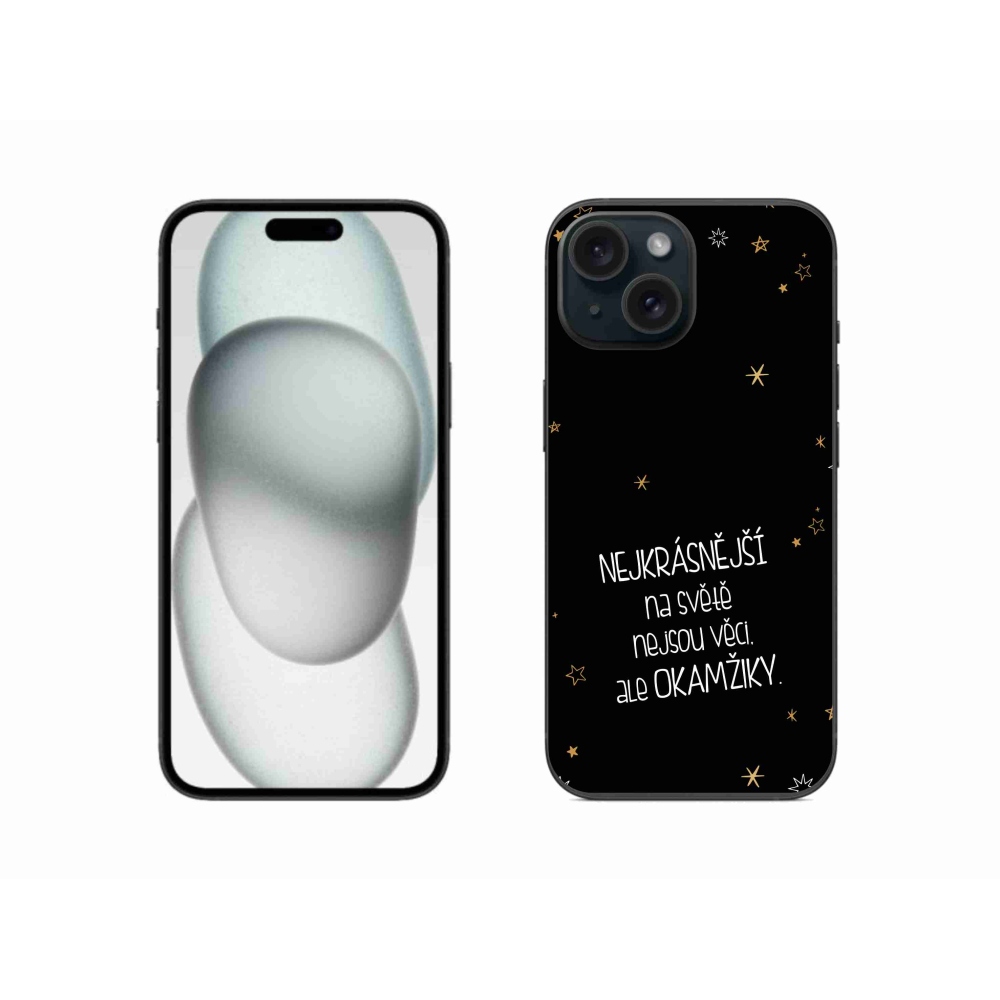Gelový kryt mmCase na iPhone 15 - citát 4 černé pozadí