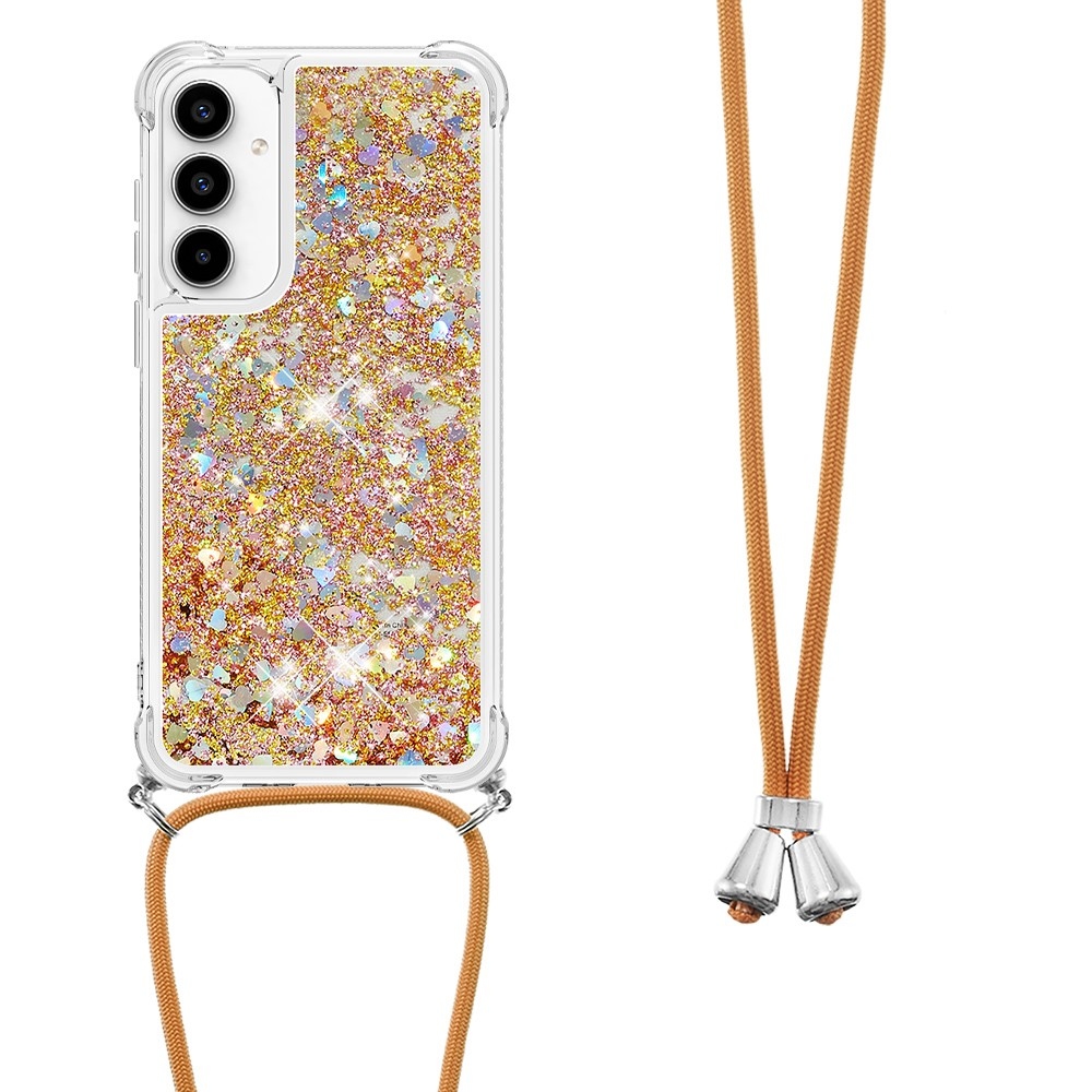 Glitters přesýpací gelový obal se šňůrkou na Samsung Galaxy A56 5G - zlatý/srdíčka