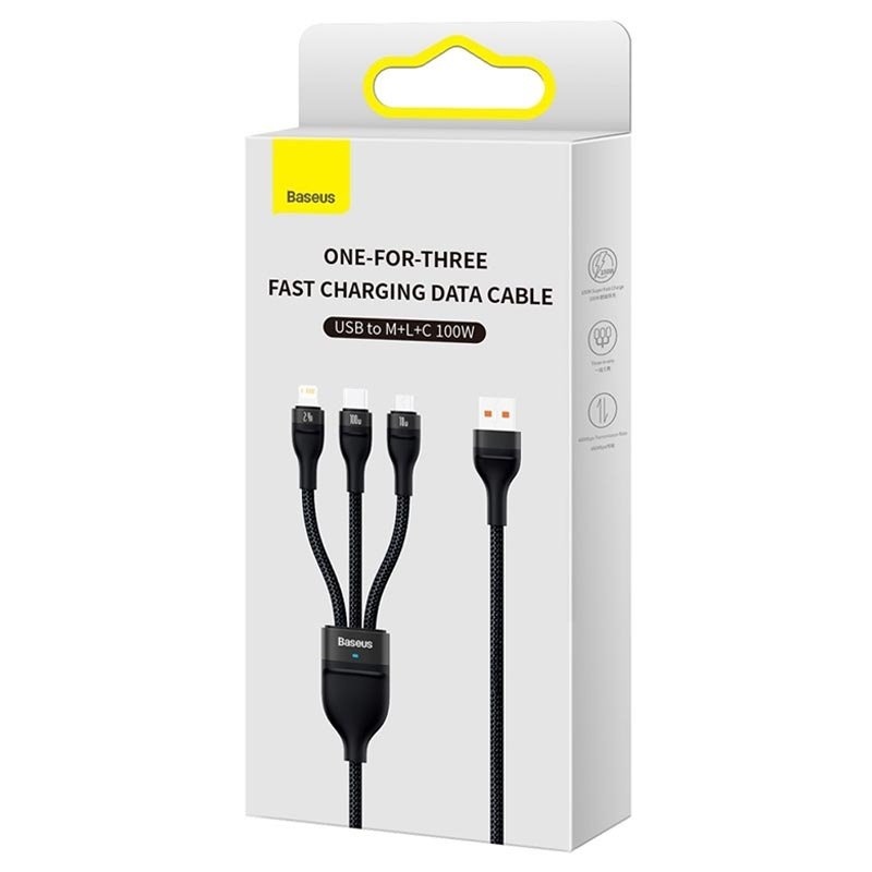 Baseus CASS030001 Flash Series 3v1 Kabel USB-A na USB-C, Lightning, MicroUSB 100W 1.2m Black