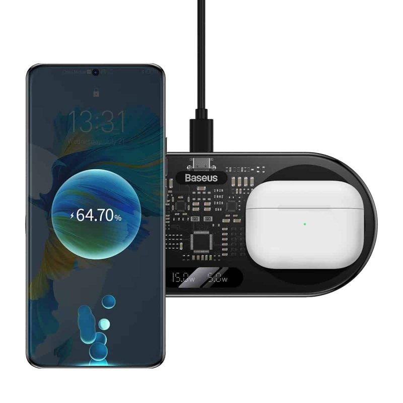 Baseus WXSX010101 LED Display 2in1 Bezdrátová Nabíječka 20W (s USB-C kabelem 1m Black) Black