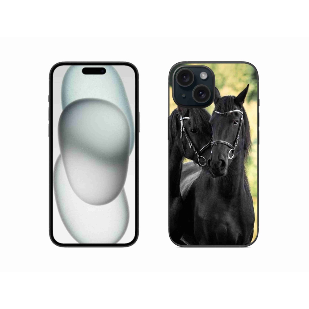Gelový kryt mmCase na iPhone 15 - dva černí koně