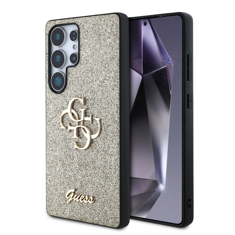 Guess PU Fixed Glitter 4G Metal Logo Zadní Kryt pro Samsung Galaxy S25 Ultra Gold