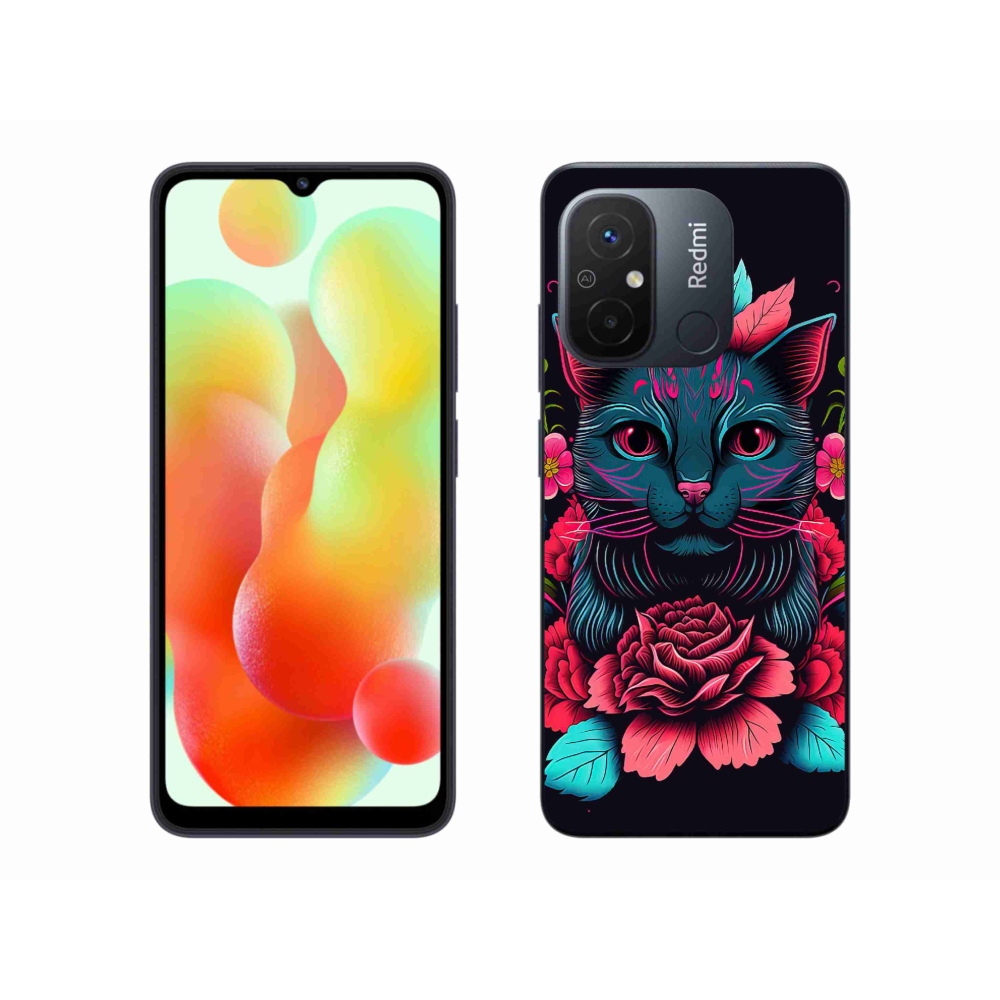 Gelový kryt mmCase na Xiaomi Redmi 12C - květiny a kočka
