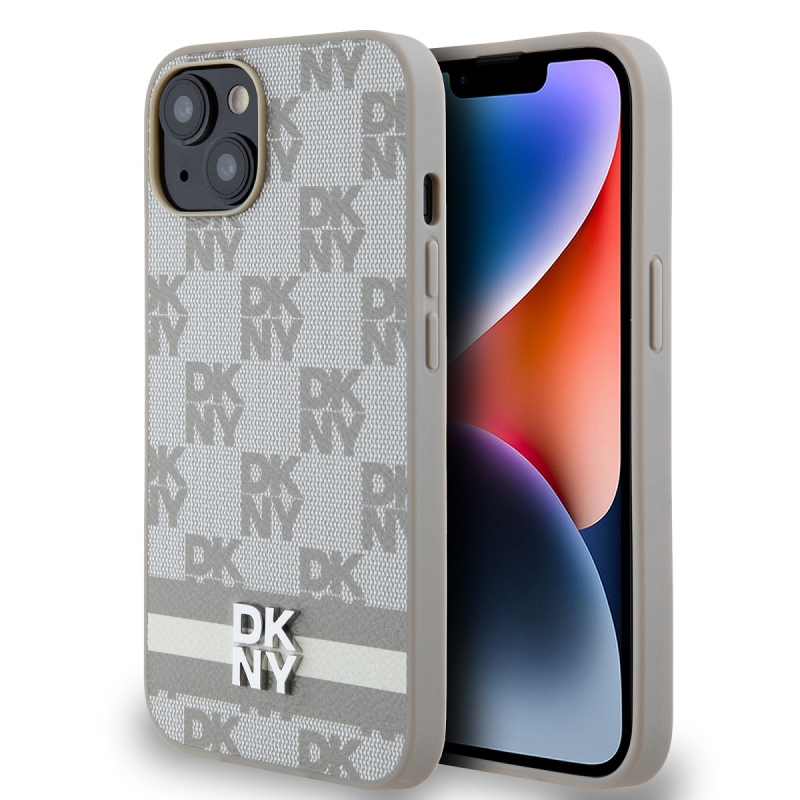 DKNY PU Leather Checkered Pattern and Stripe Zadní Kryt pro iPhone 14 Beige